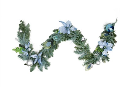 Pre-Decorated Peacock Feathers &#x26; Poinsettias Artificial Garland, Unlit